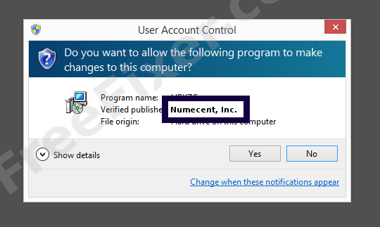 Screenshot where Numecent, Inc. appears as the verified publisher in the UAC dialog